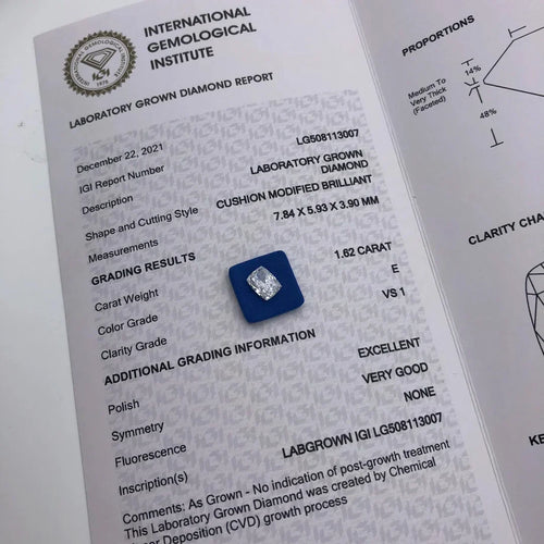 1ct 1.5ct  2ct 2.5 3ct 5ct HPHT CVD Diamond  IGI Certificate Cushion cut lab grown diamonds